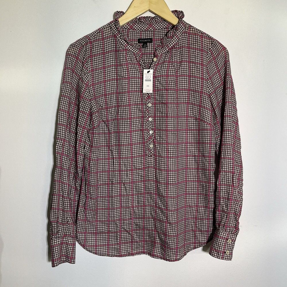 New Talbots Women's XS Easy Plaid Popover Ruffle‎ Neck Blouse Top